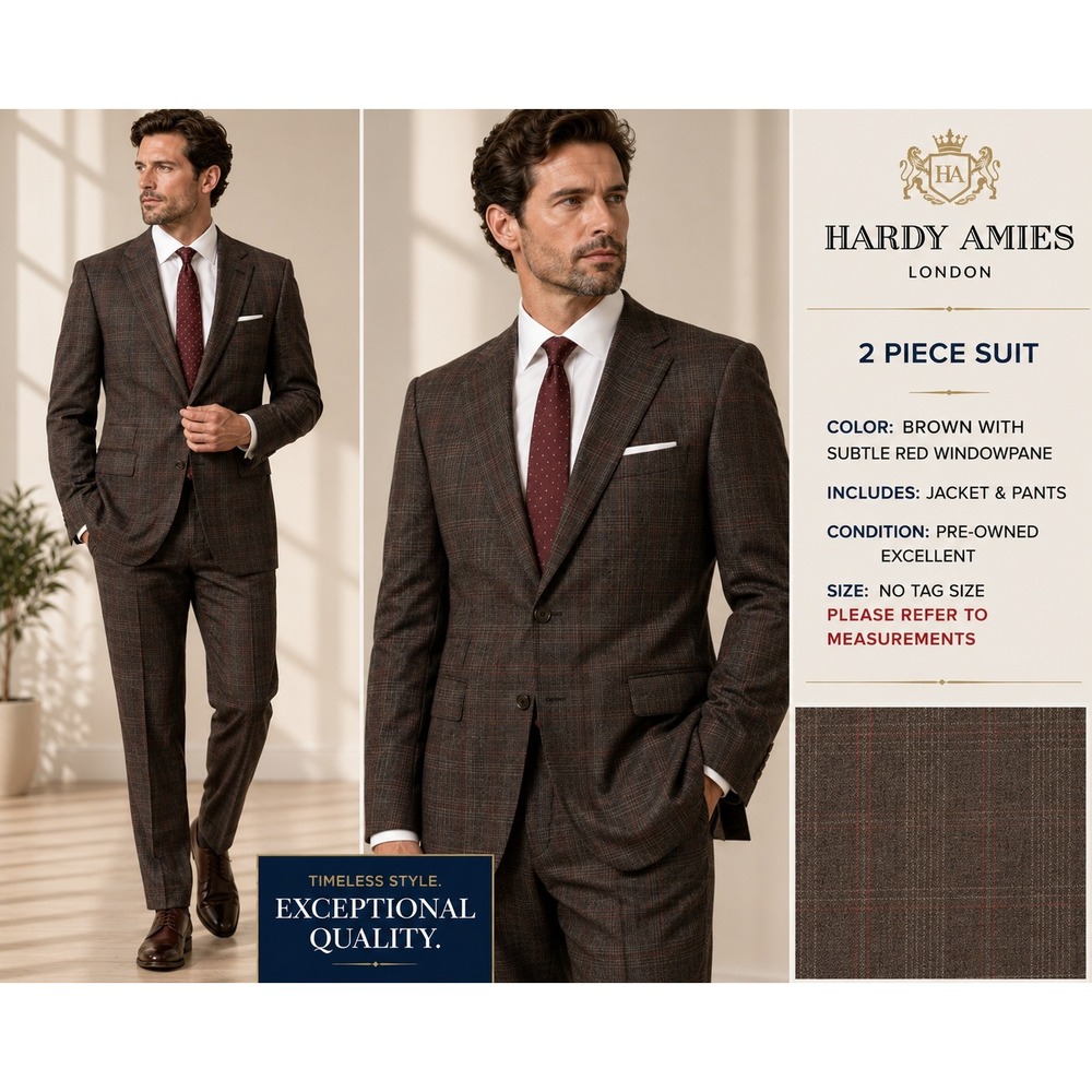 Hardy Amies Mens 2 Piece Suit Brown Plaid Windowpane Blazer Pants Vintage #1854